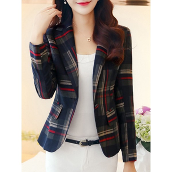 Plaid Pocket Slim Button Women's Blazer