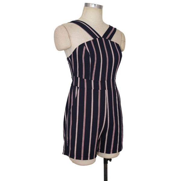 Stripe Pocket Halter Women's Rompers