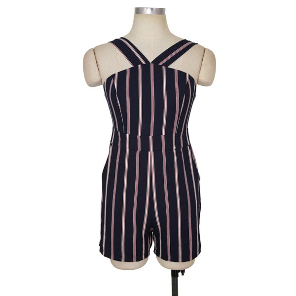 Stripe Pocket Halter Women's Rompers