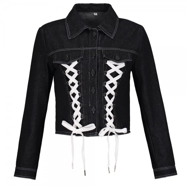 Denim Lace-Up Patchwork Pocket Women's Jacket