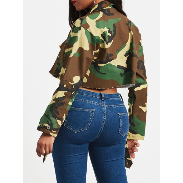 Camouflage Trim Cut Lapel Women's Jacket