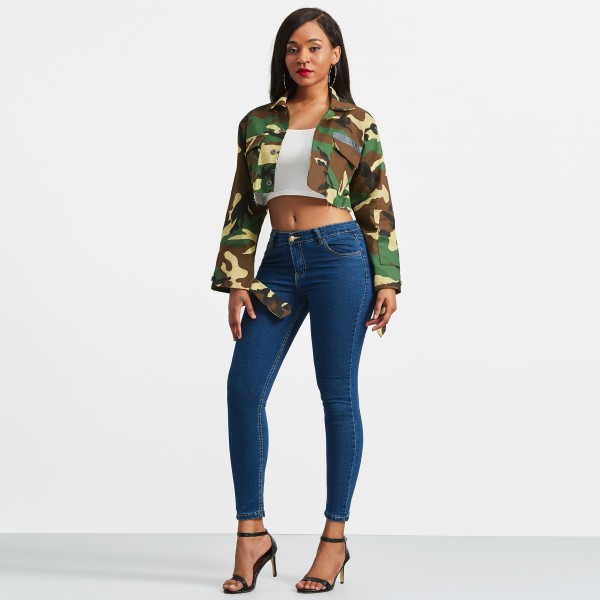 Camouflage Trim Cut Lapel Women's Jacket