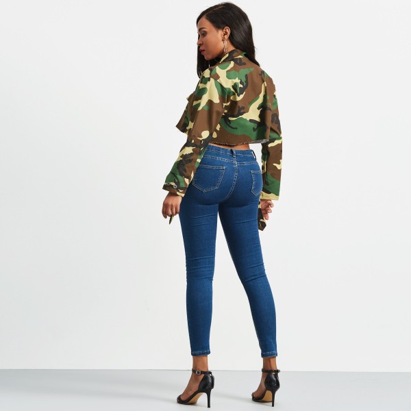 Camouflage Trim Cut Lapel Women's Jacket