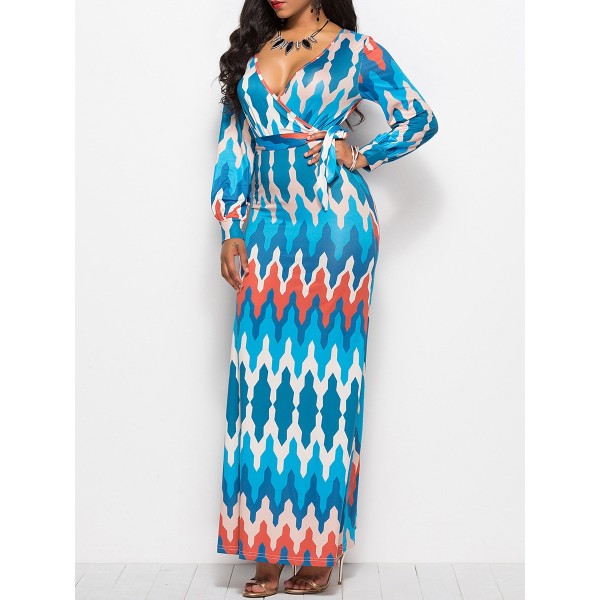 Color Block Geometric V-Neck Women's Maxi Dress