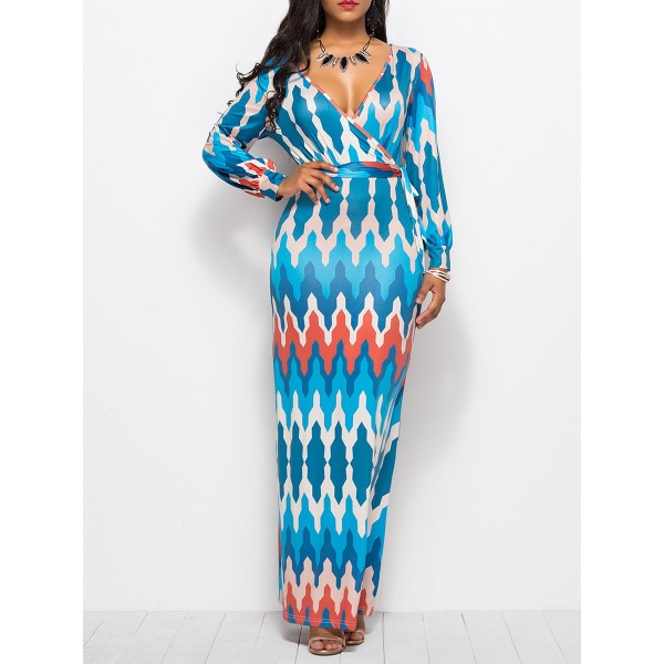 Color Block Geometric V-Neck Women's Maxi Dress