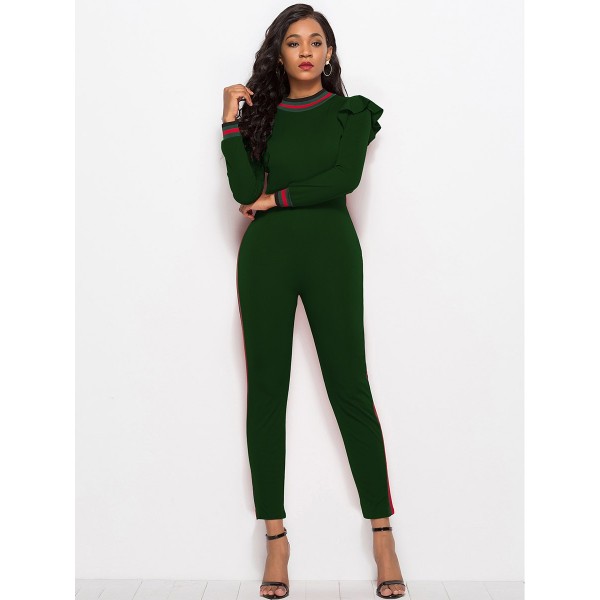 Stripe Ruffle Long Sleeve Skinny Women's Jumpsuit