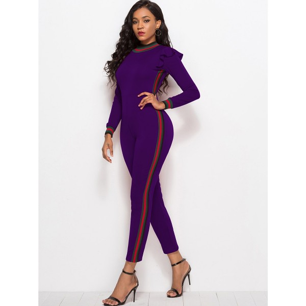 Stripe Ruffle Long Sleeve Skinny Women's Jumpsuit