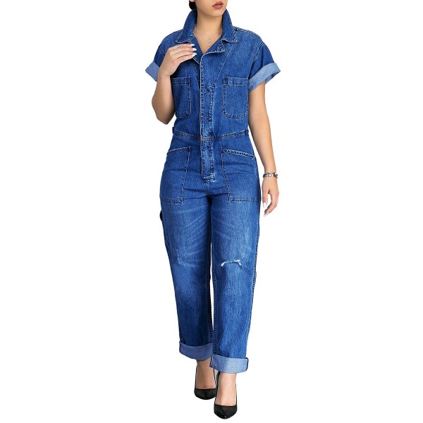 Loose Worn Hole Denim Women's Jumpsuits