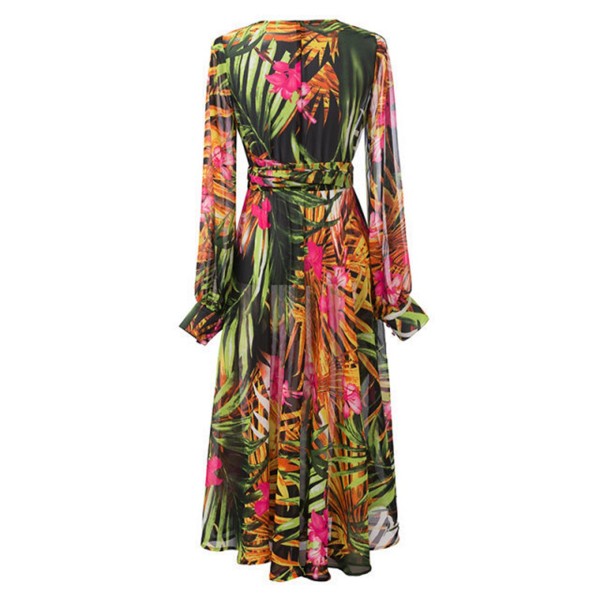 Color Block Print V-neck Women's Maxi Dress