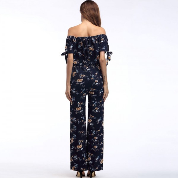 Strapless Boat Collar Floral Print Women's Jumpsuits