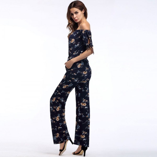 Strapless Boat Collar Floral Print Women's Jumpsuits