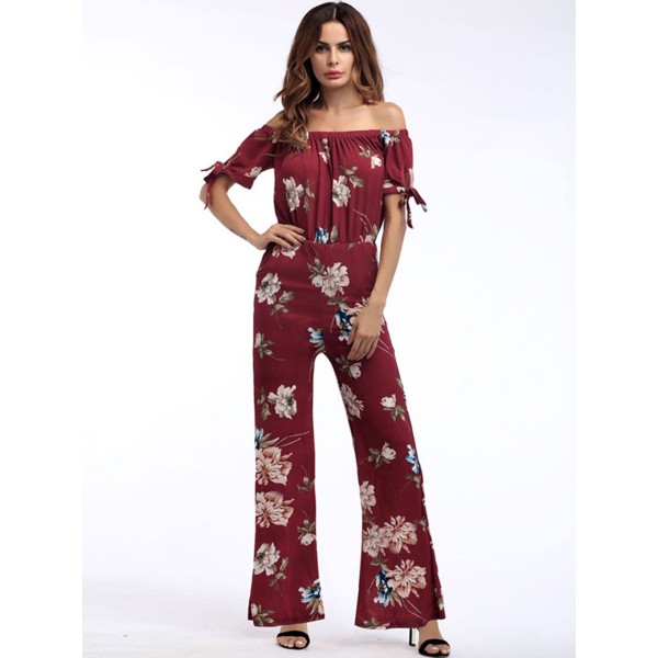 Strapless Boat Collar Floral Print Women's Jumpsuits