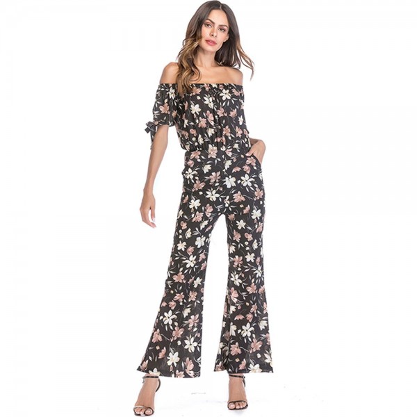 Strapless Boat Collar Floral Print Women's Jumpsuits