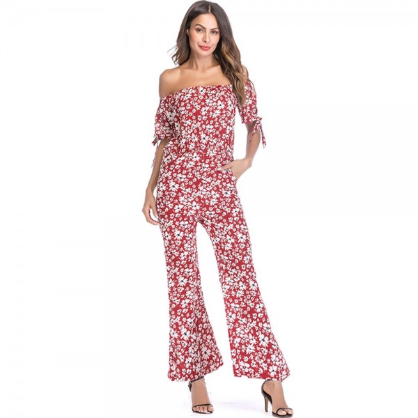 Strapless Boat Collar Floral Print Women's Jumpsuits