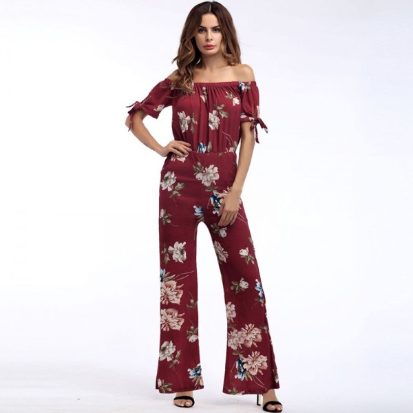 Strapless Boat Collar Floral Print Women's Jumpsuits