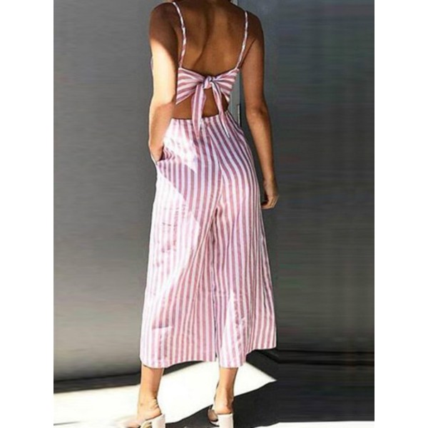 Stripe Lace -Up Back Bow Jumpsuits