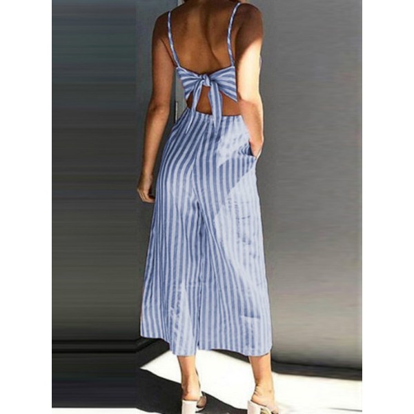 Stripe Lace -Up Back Bow Jumpsuits