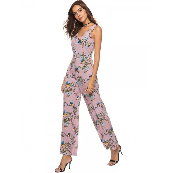 V-Collar Stripe Bird Flowers Women's Jumpsuits