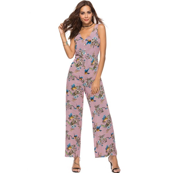 V-Collar Stripe Bird Flowers Women's Jumpsuits