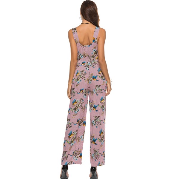 V-Collar Stripe Bird Flowers Women's Jumpsuits