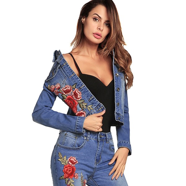 Fashion Floral Embroidery Women's Jeans Jacket