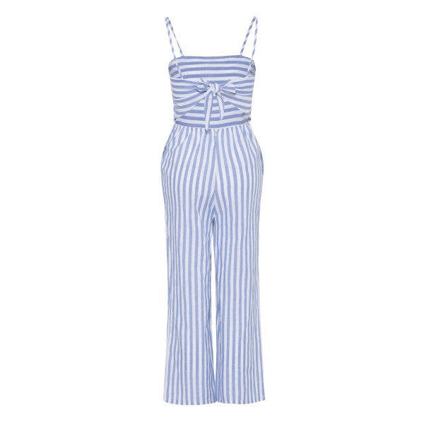 Stripe Straight Backless Pocket Women's Jumpsuit