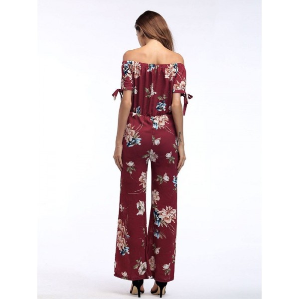 Off-the-Shoulder Floral Bellbottoms Women's Jumpsuits