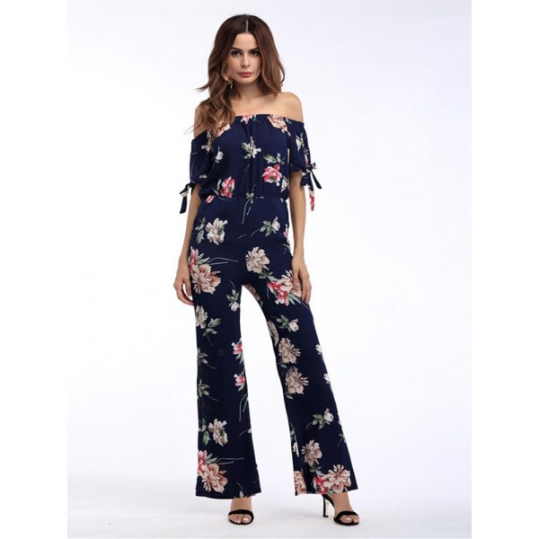 Off-the-Shoulder Floral Bellbottoms Women's Jumpsuits