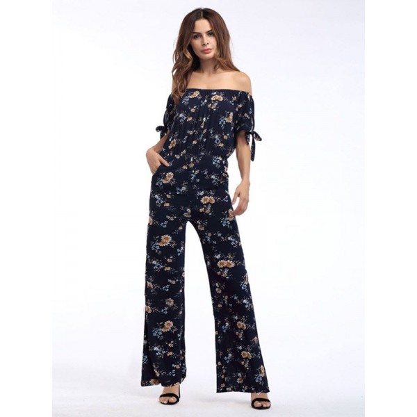 Off-the-Shoulder Floral Bellbottoms Women's Jumpsuits