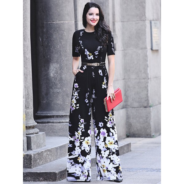 Floral Print Wide Legs Women's Jumpsuit