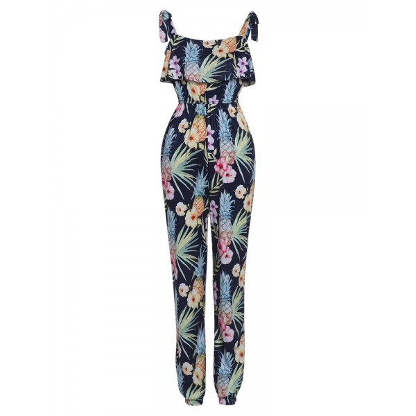 Mid-Waist Floral Print Ankle Length Women's Jumpsuit