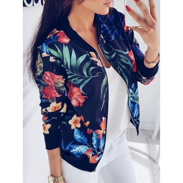 Floral Print Zipper Long Sleeves Women's Jacket