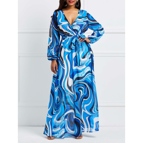 Floral Chiffon V-Neck Long Sleeve F Maxi Dress