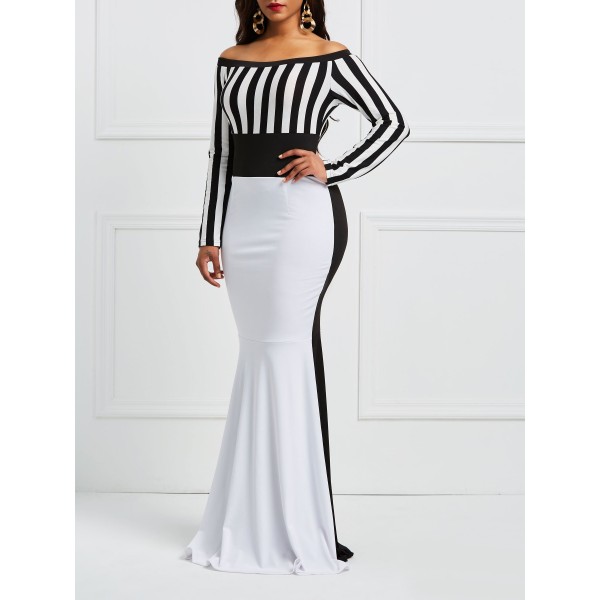 Slash Neck Contrast Color Floor-Length Maxi Dress