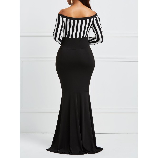 Slash Neck Contrast Color Floor-Length Maxi Dress