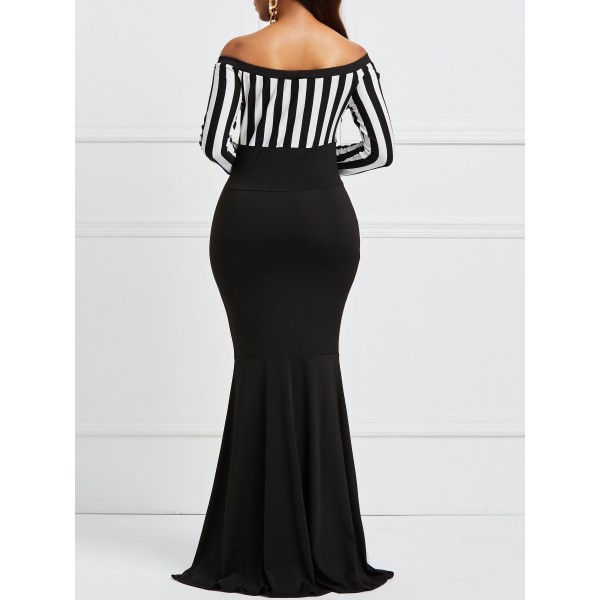 Slash Neck Contrast Color Floor-Length Maxi Dress