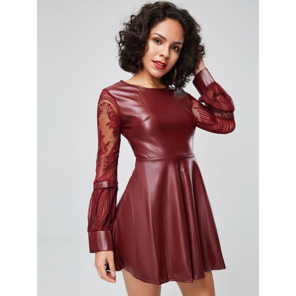 Lantern Sleeve Leather Lace Day Dress