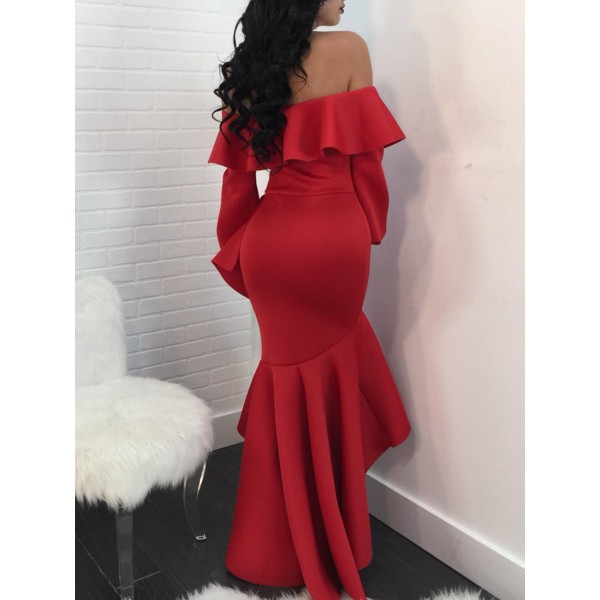 Plain Long Sleeve Slash Neck Women's Maxi Dress