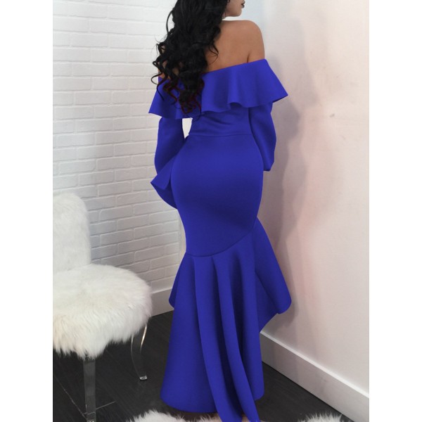 Plain Long Sleeve Slash Neck Women's Maxi Dress