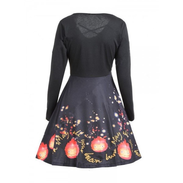 Lace-Up  Pumpkin Print Skater Dress