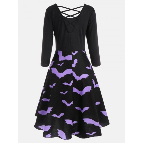 Bat Print Lace-Up Long Sleeve Dress