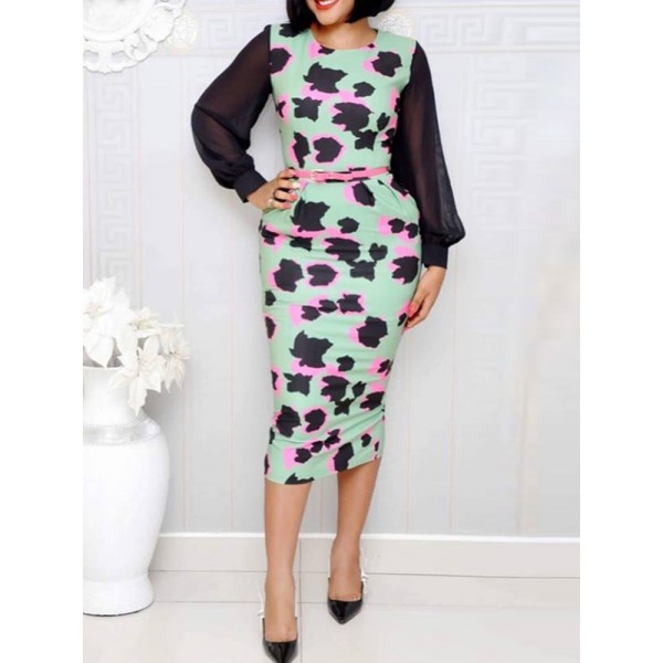 Print Long Sleeve Round Neck Maxi Dress