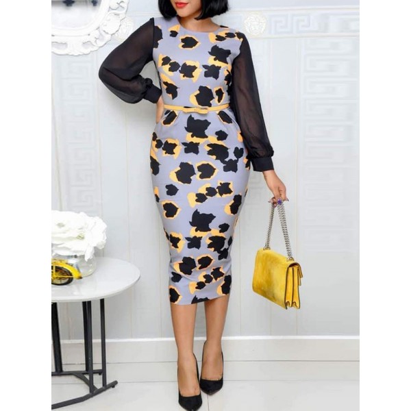 Print Long Sleeve Round Neck Maxi Dress