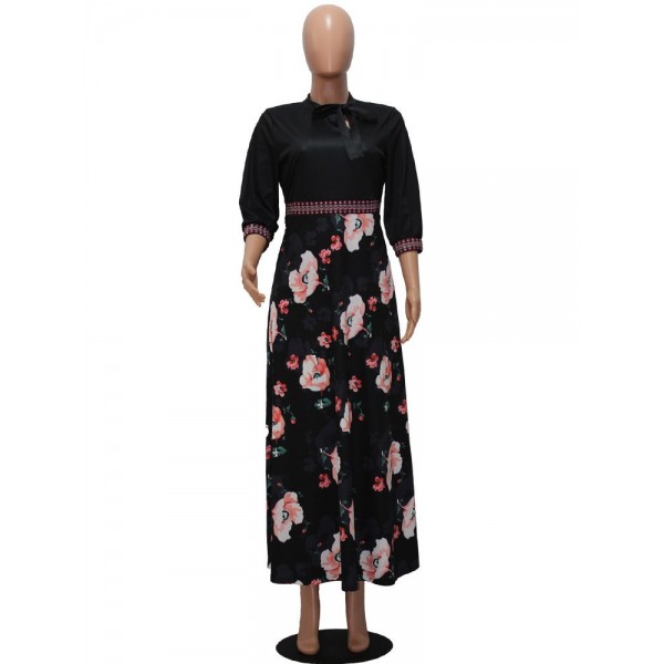 Floral Bow-knot Collar High Waist Strappy Maxi Dress