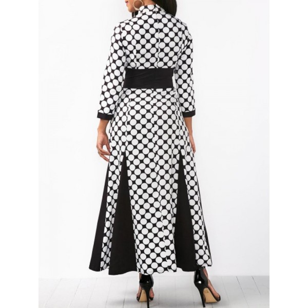 Dot Stand Collar High Waist Maxi Dress