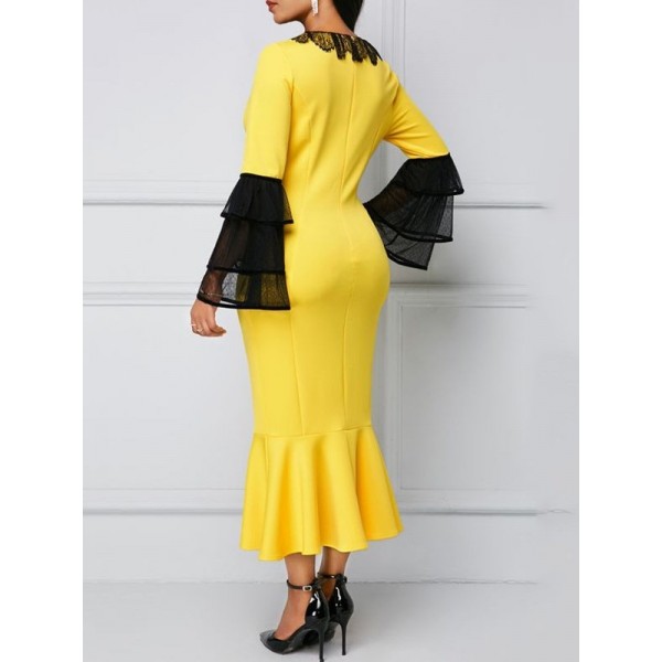 V-Neck Ankle-Length Long Sleeve Bodycon Pullover Dresses